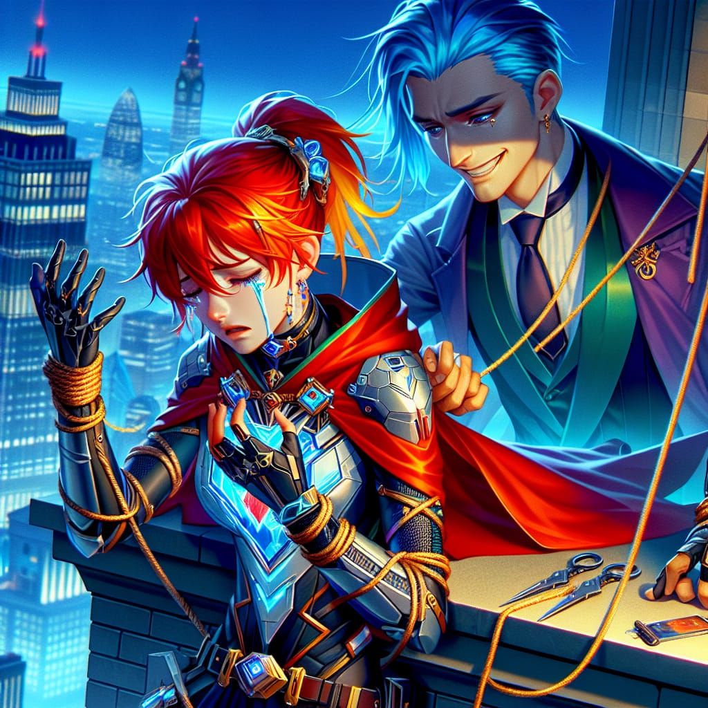 Fantastical Cityscape with Distressed Superheroine and Smirk...