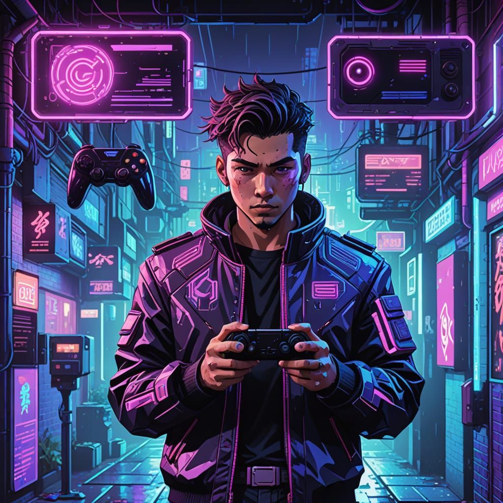Cyberpunk Pixel Art Scene with Neon Lights and Metallic Acce...