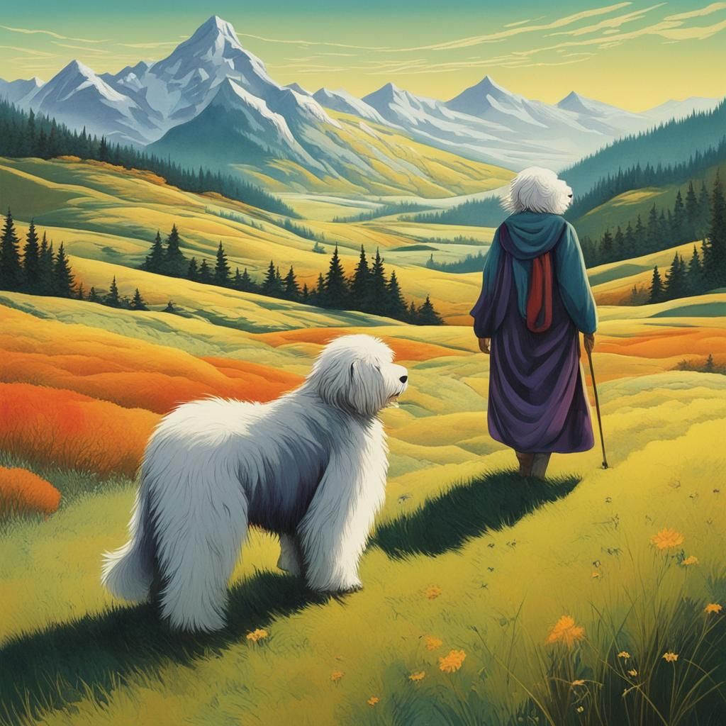 Wise Woman and Dog in Earle-Inspired Meadow