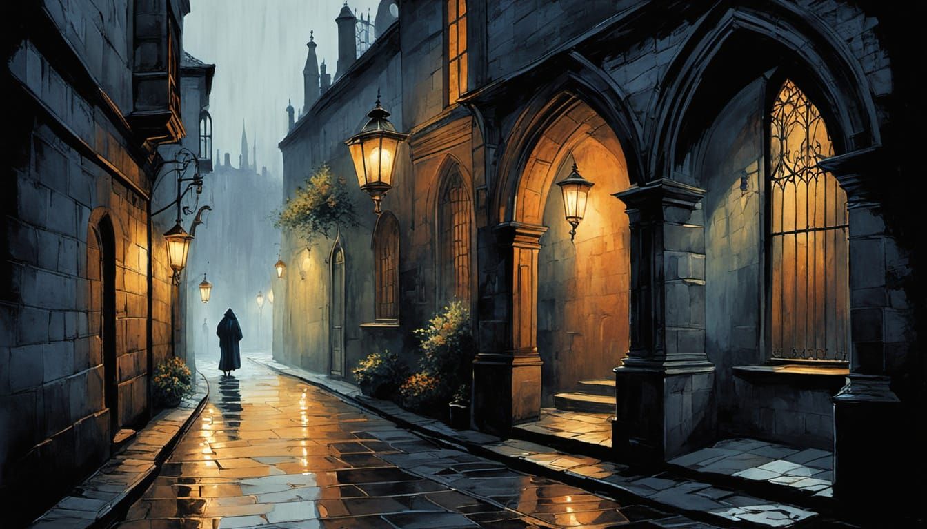 Gothic Alleyway With Cloaked Figure in Dreamlike Style