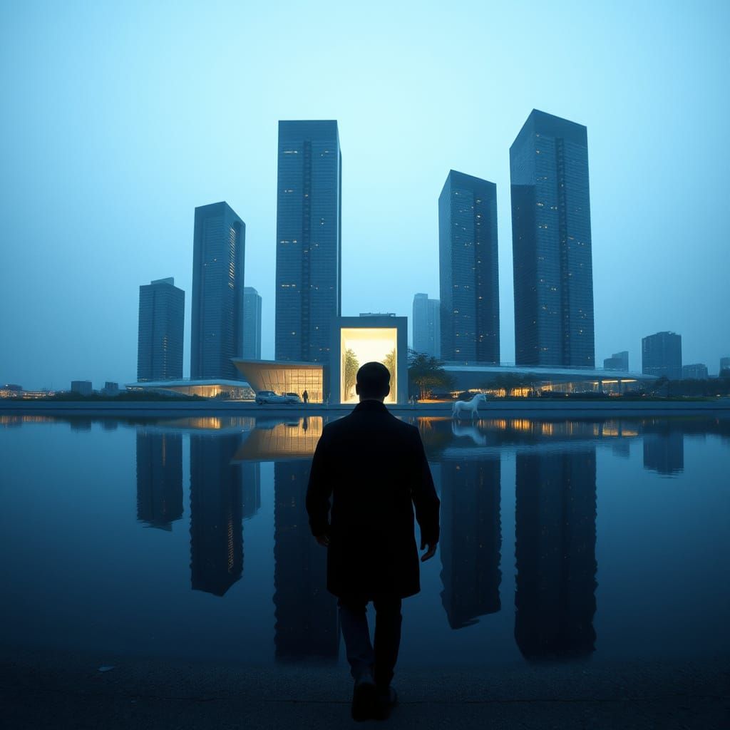 Man Walks to Forest Door on Futuristic Beach