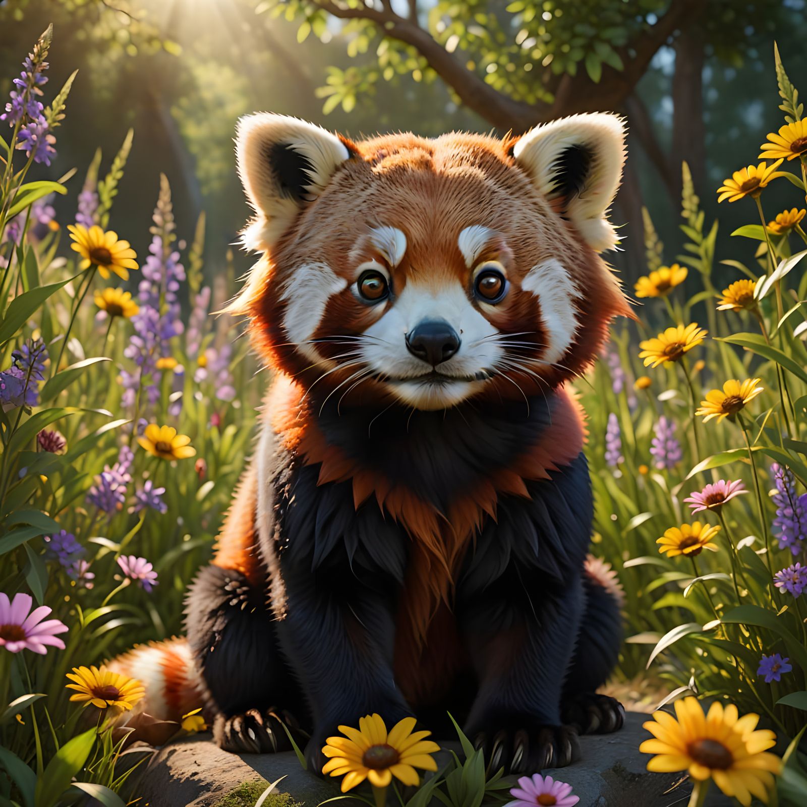 Adorable Red Panda Cub in Wildflower Meadow