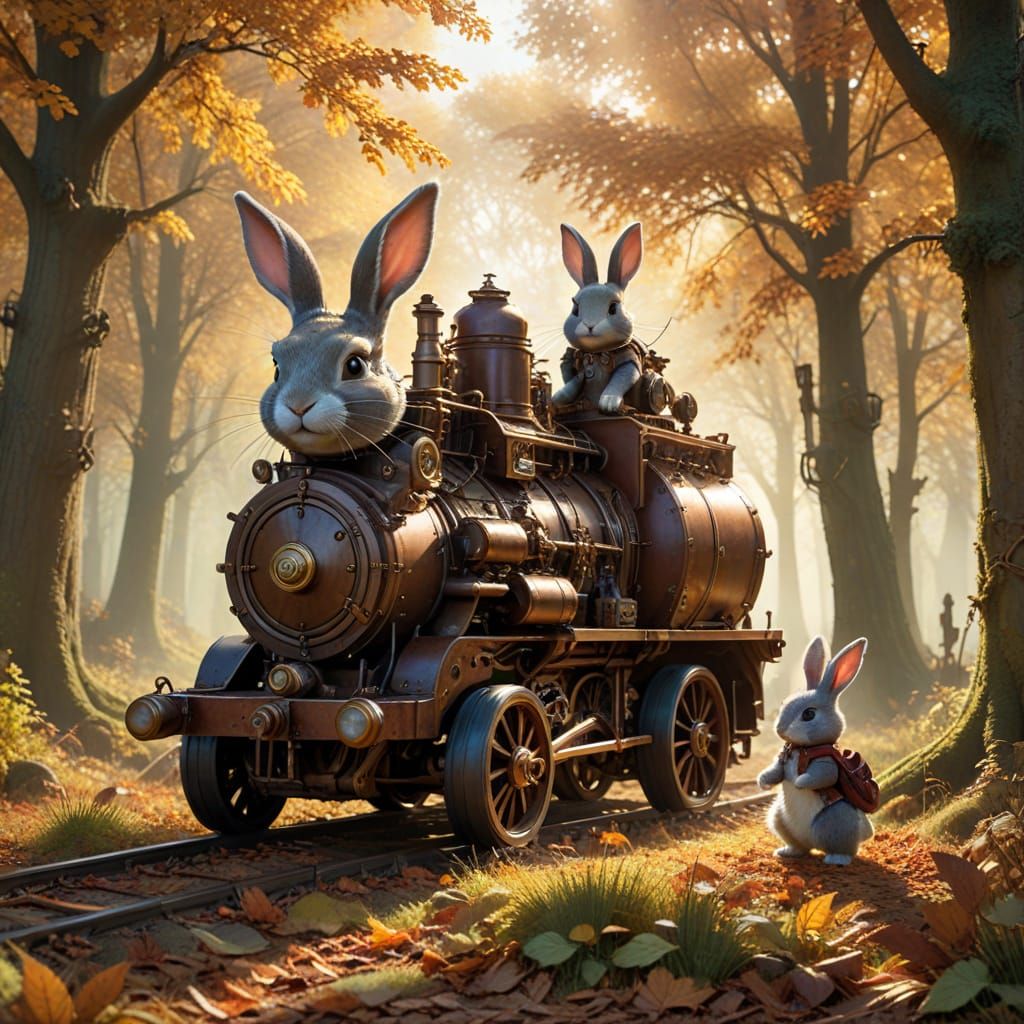 Cute Bunnies in Autumn Wood with Steampunk Engine