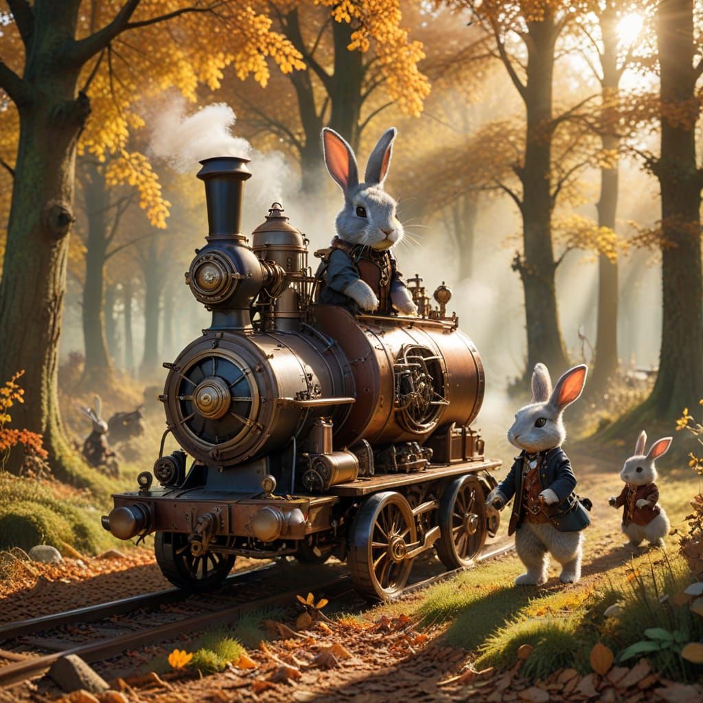 Cute Bunnies in Autumn Wood with Steampunk Engine