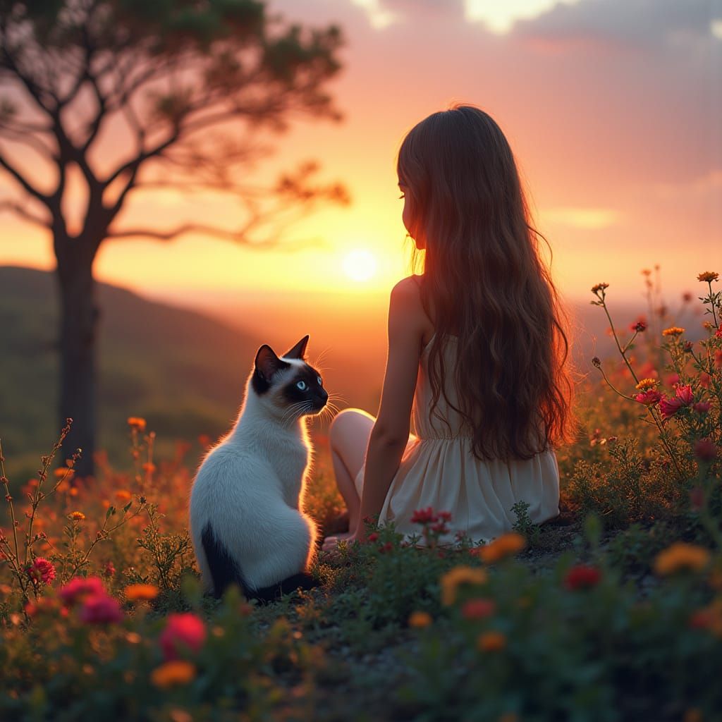 Girl and Cat Watching Sunrise: Cinematic Still