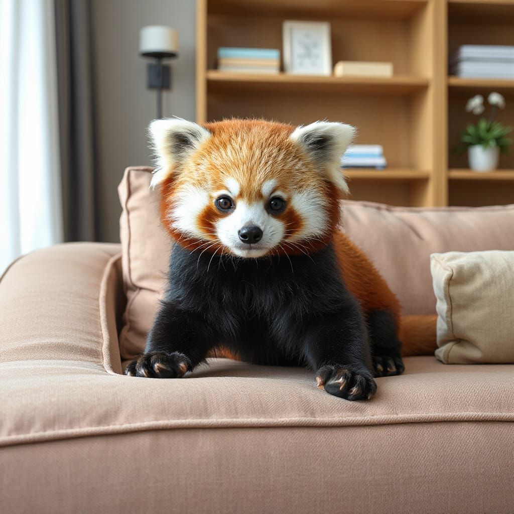 Realistic Cute Red Panda on a Sofa