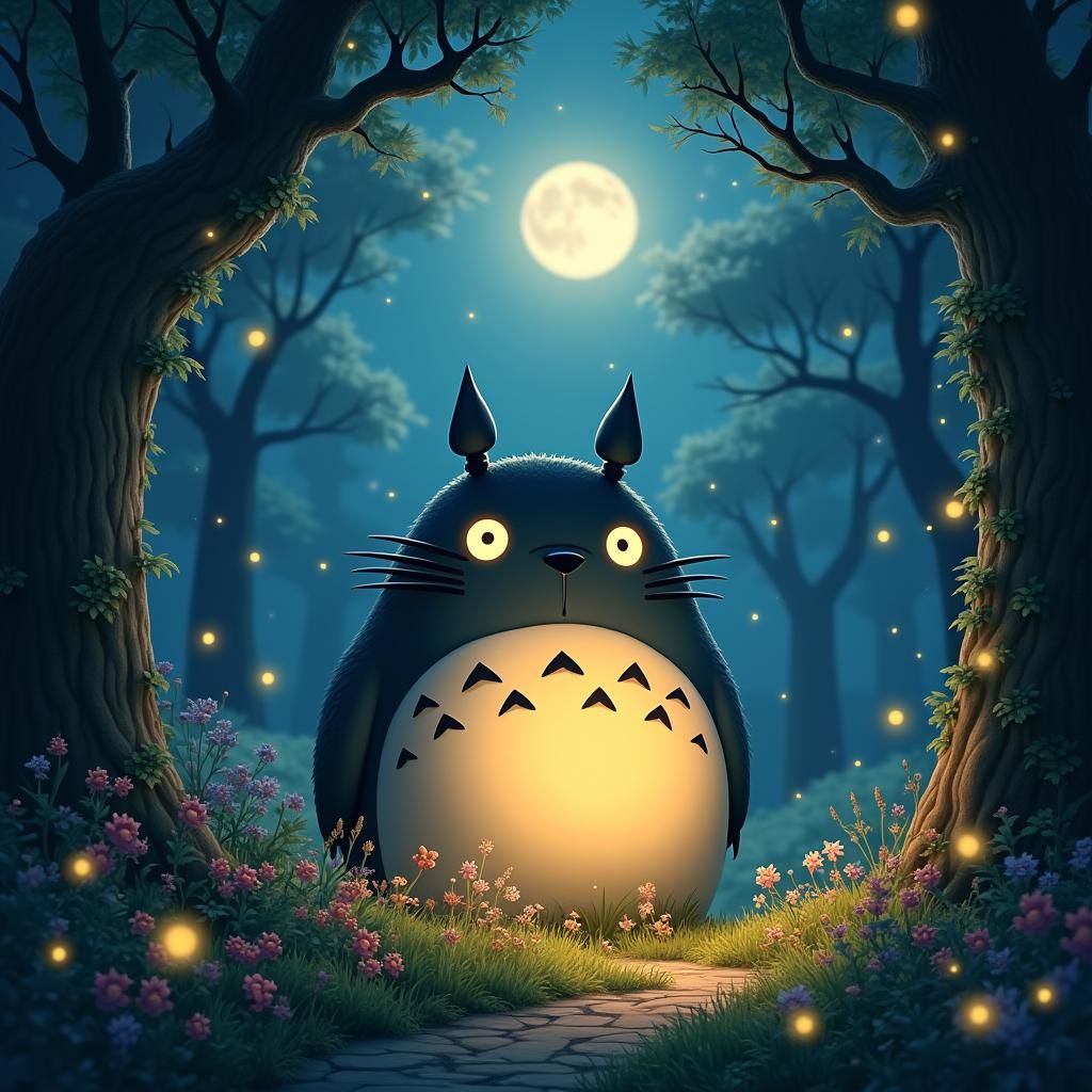 Gigantic Totoro in Mystical Forest at Dusk