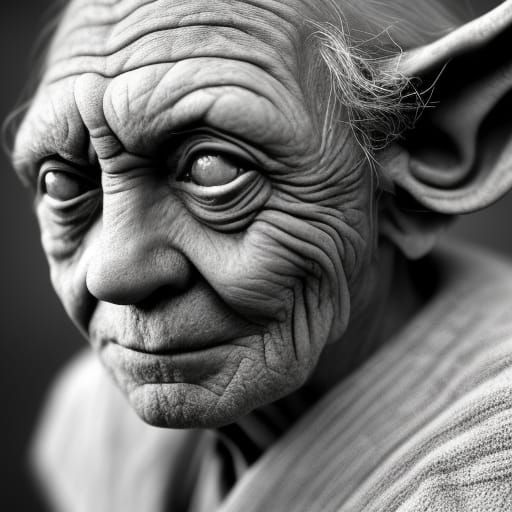 Cheeky-looking very old Yoda with long hair, smoking rolled cigarette.