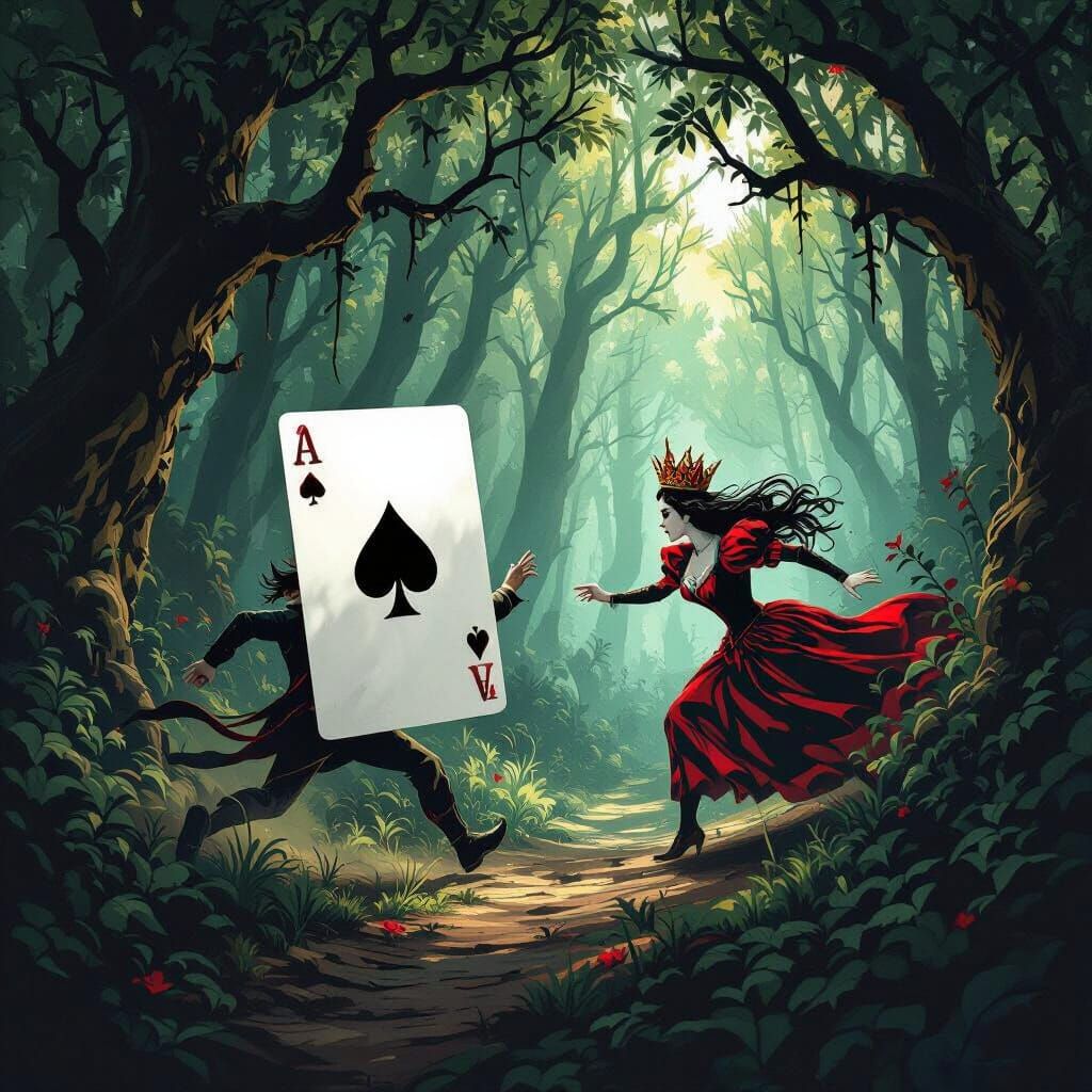 Ace of Spades Pursued by Queen of Hearts in Dark Forest
