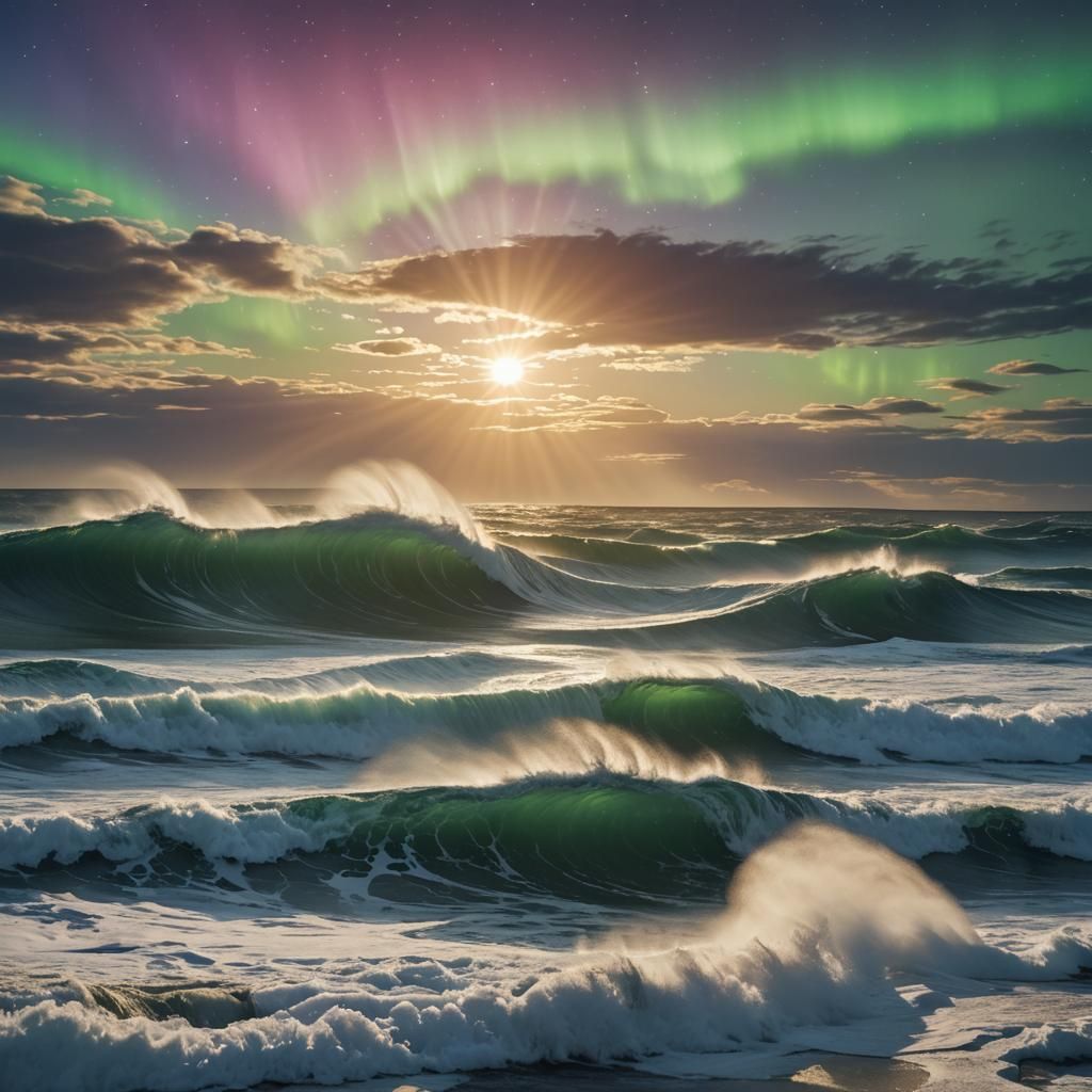Majestic Waves Meet Aurora Horizon