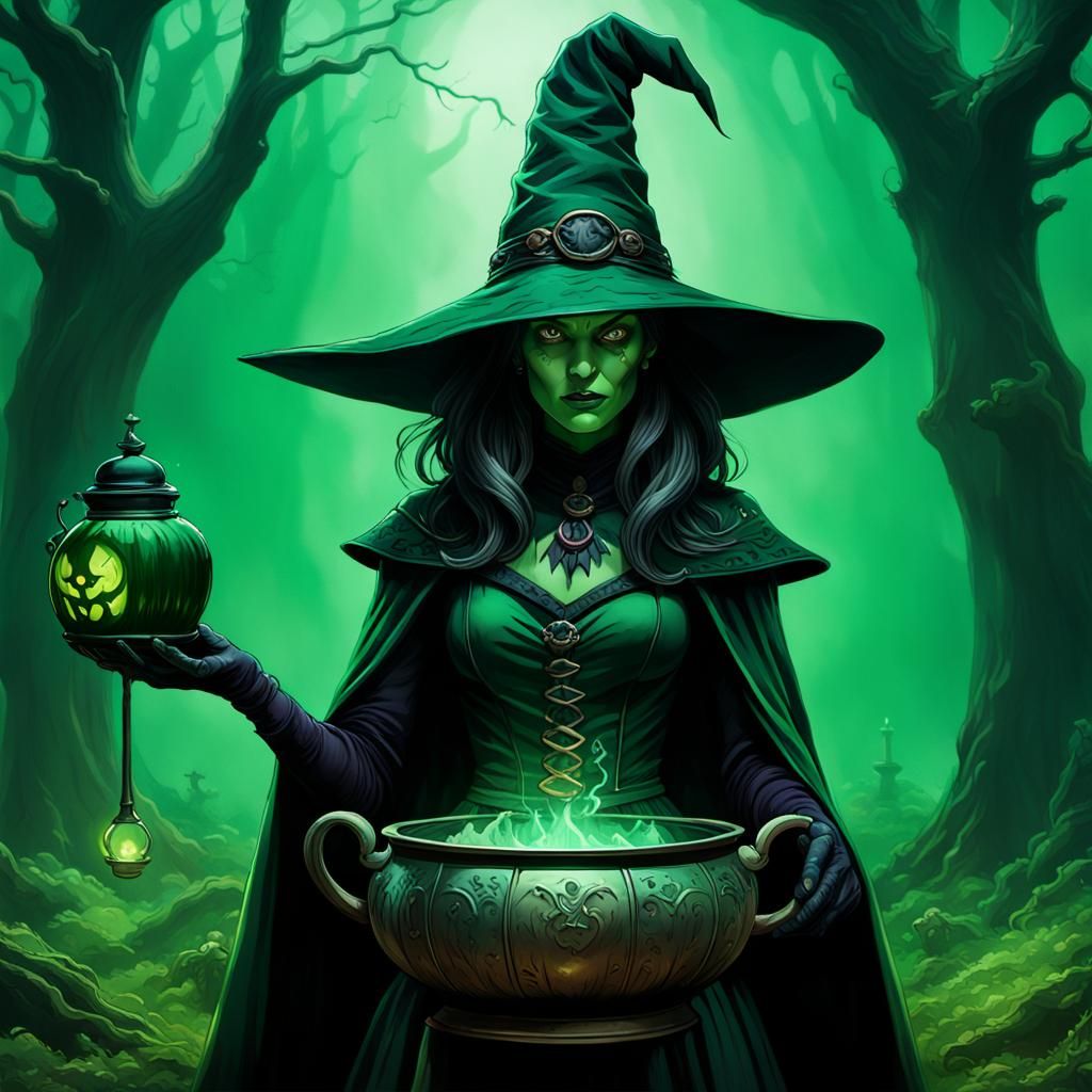 Green Witch with Cauldron, Cinematic Comic Art