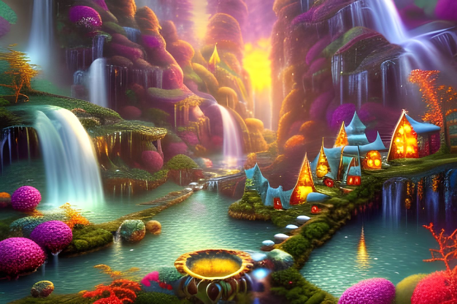Fantastical Fairy Village Landscape in Digital Painting