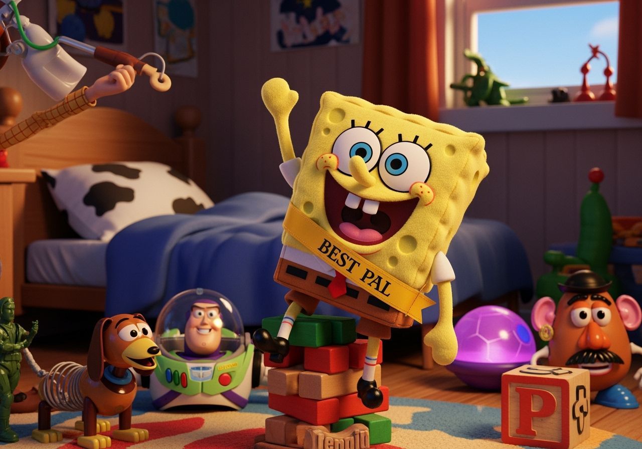 SpongeBob in Toy Story, Pixar-Style Scene