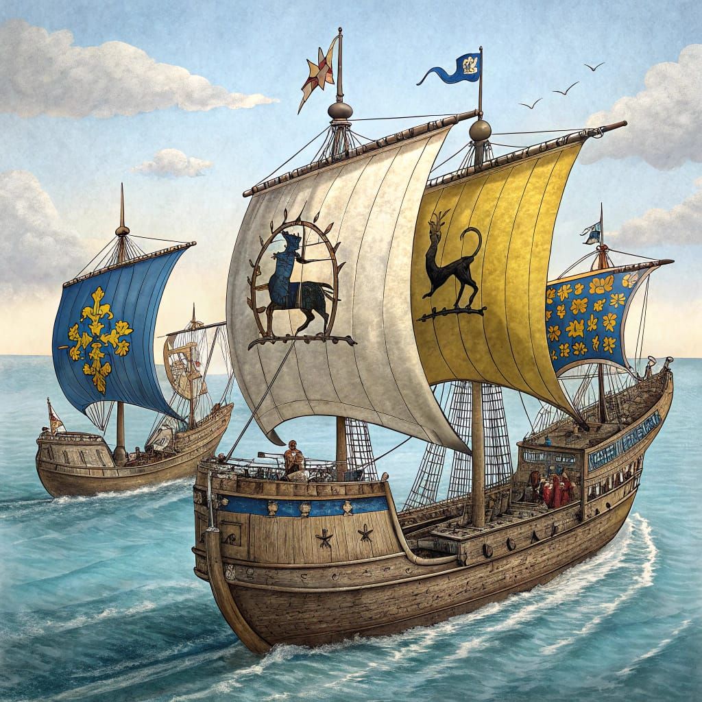 Medieval Royal Ships Amidst Grapes and Wildlife