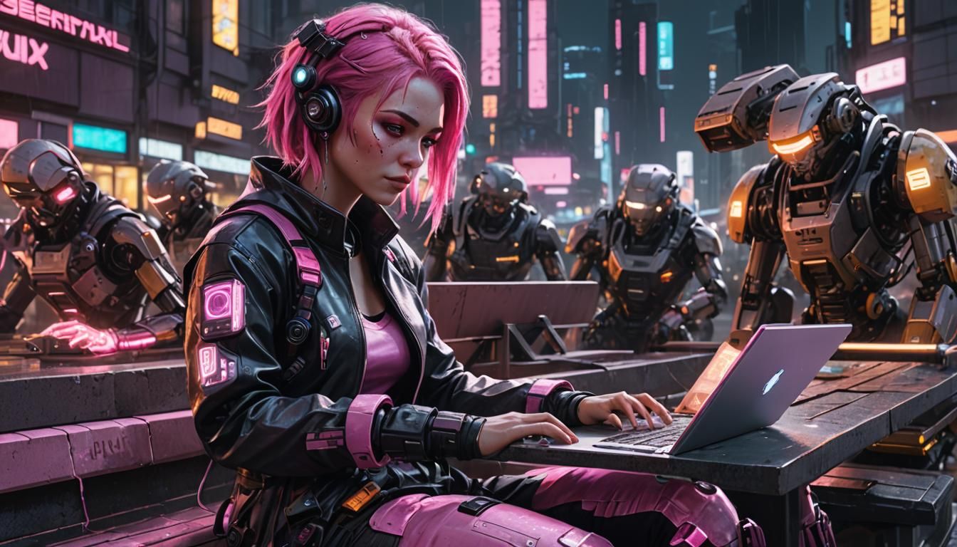 Cyberpunk Hacker Girl Coding in Neon Cityscape