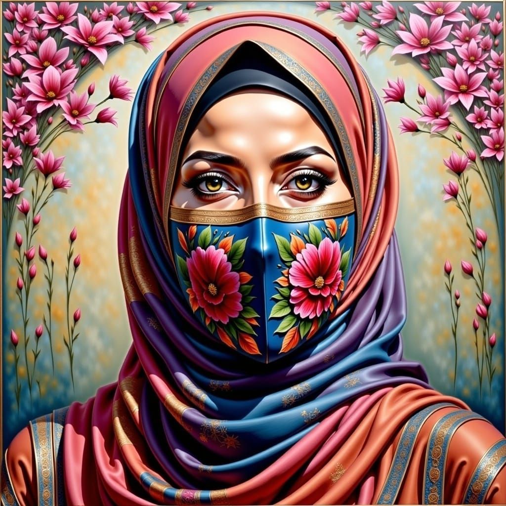 A Beautiful Hijab Woman Adorned with Flowers in a Traditiona...