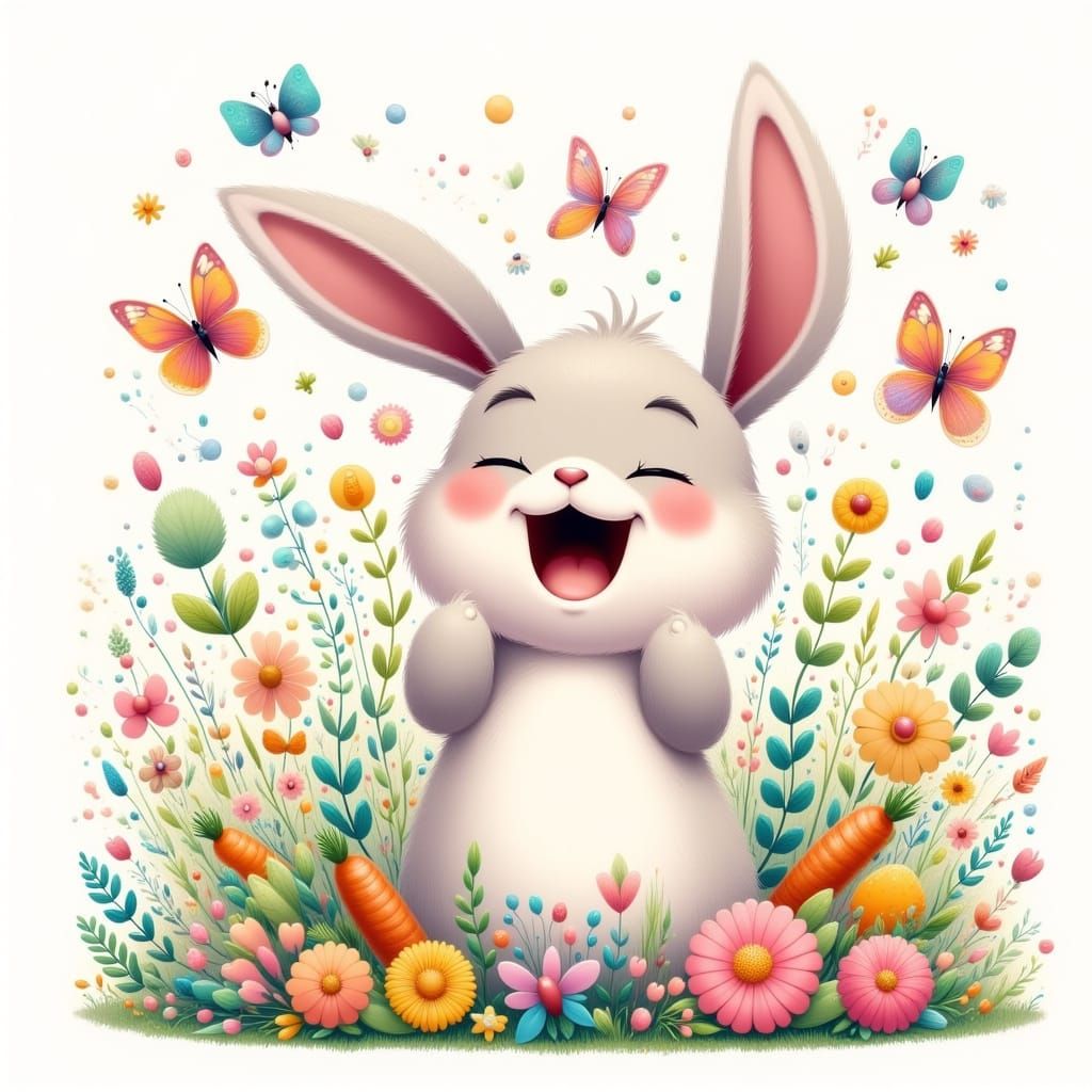 Cartoon Bunny Laughing in Spring Garden