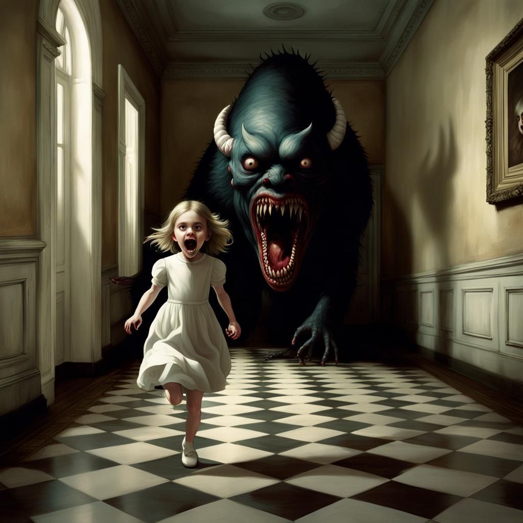 Girl's Flight from a Dark Monster, Detailed Matte Painting