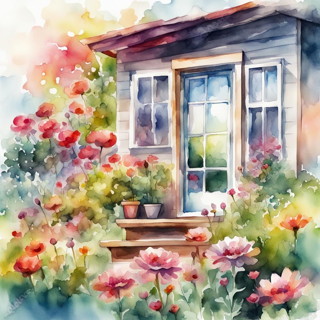 Charming Tiny House with Flower Garden in Watercolor