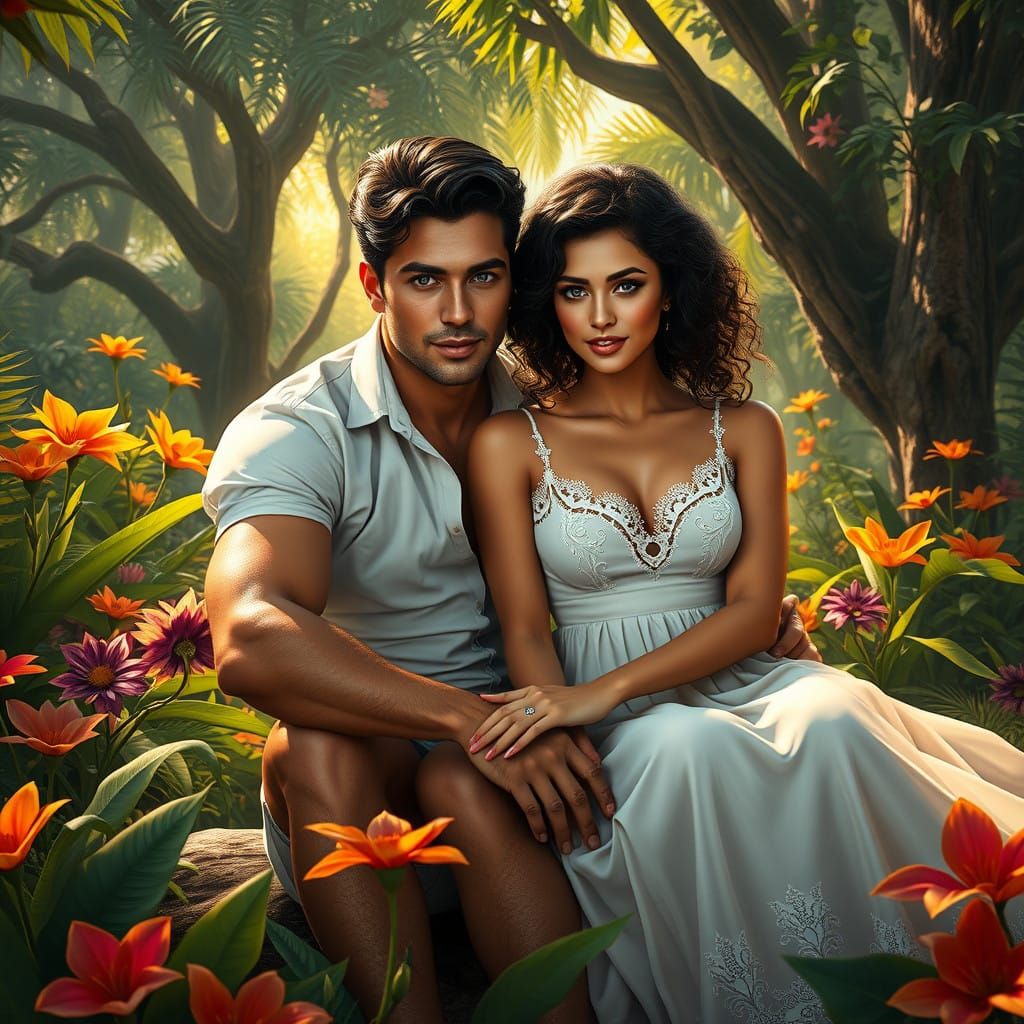 Romantic Fantasy Couple in Lush Garden Setting