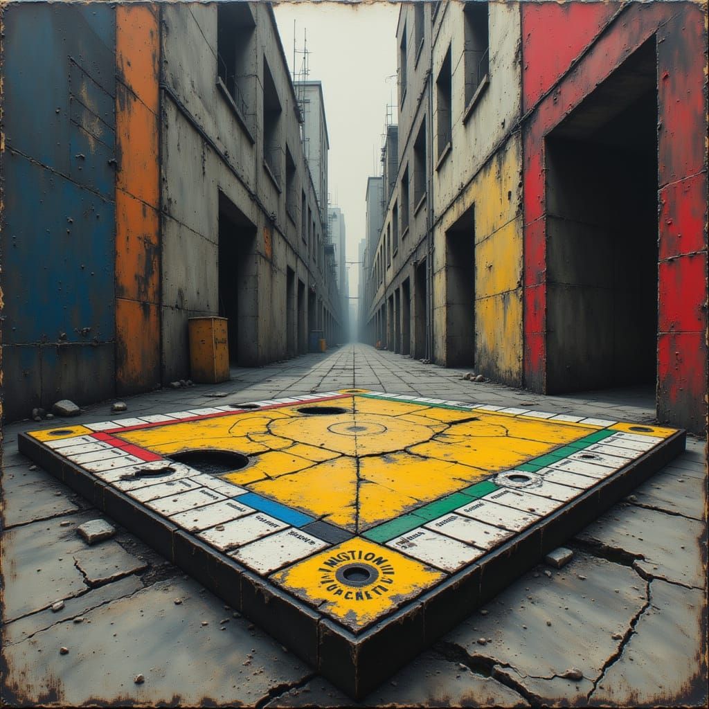 Monopoly Board in Gritty Urban Landscape