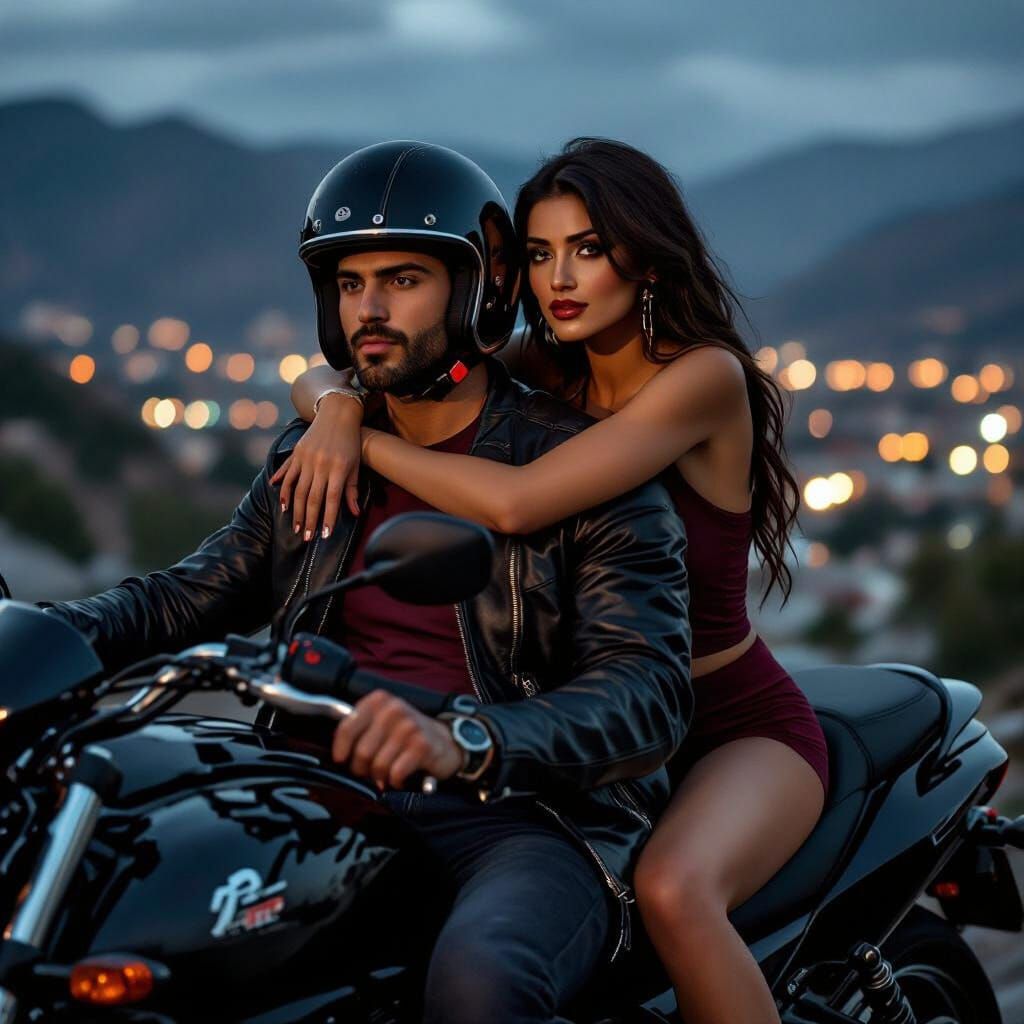Romantic Motorcycle Ride in Rainy Cityscape