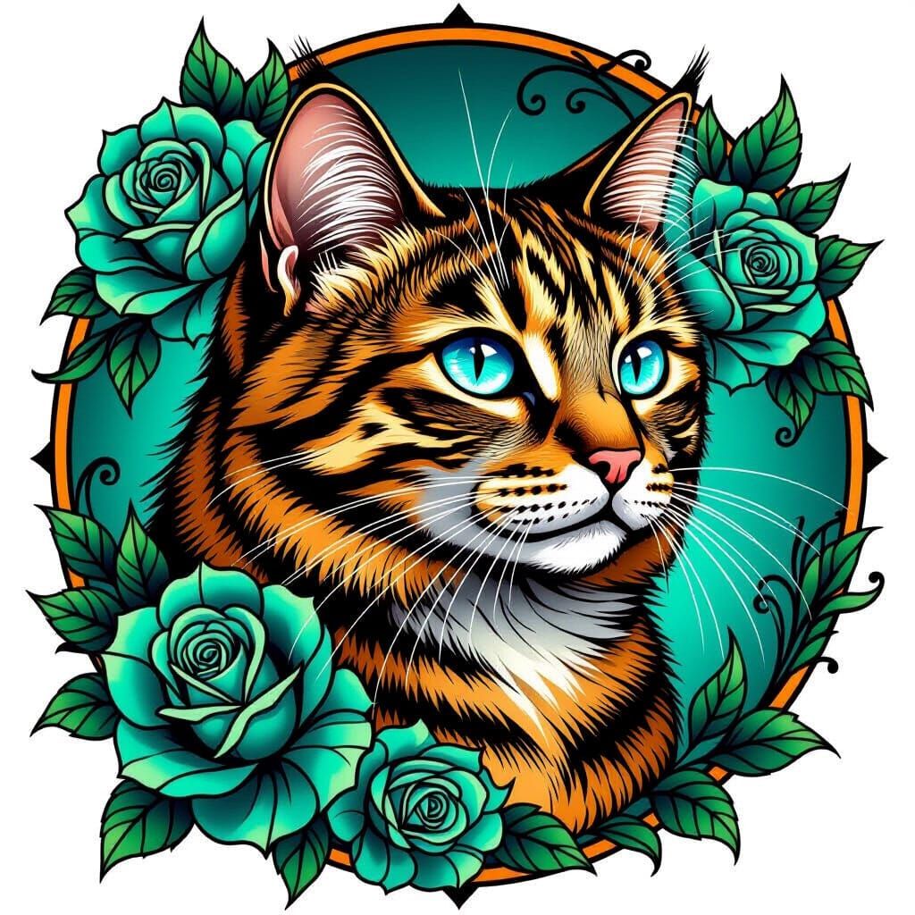 Fierce Tabby Cat Portrait in Neo-Traditional Tattoo Art