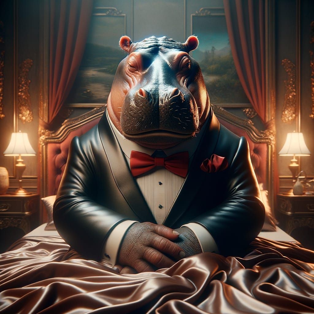 Hippo in Tuxedo Asleep on Silk Sheets: Digital Art