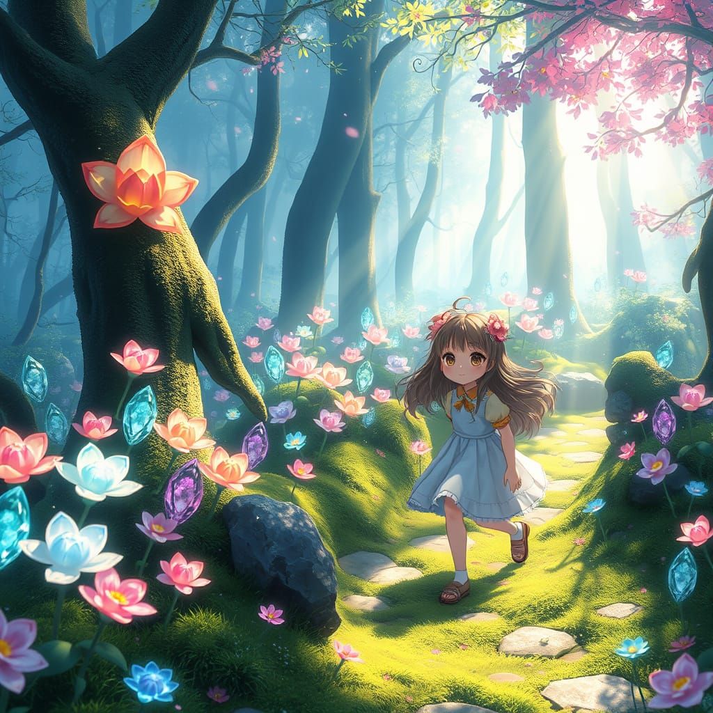 Whimsical Crystal Flower Glade with Anime Girl