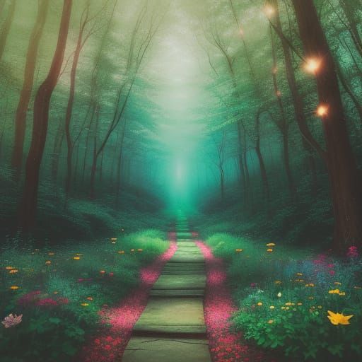 Enchanted Forest with Lit Pathway, Boho Photography