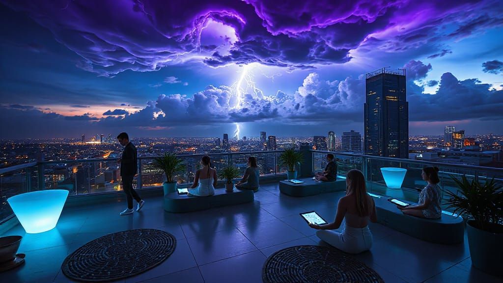 Futuristic Rooftop Garden During Electric Violet Storm