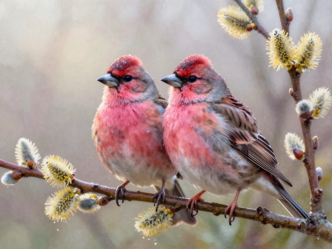 Pink Robins on Willow Branches in Watercolor Style