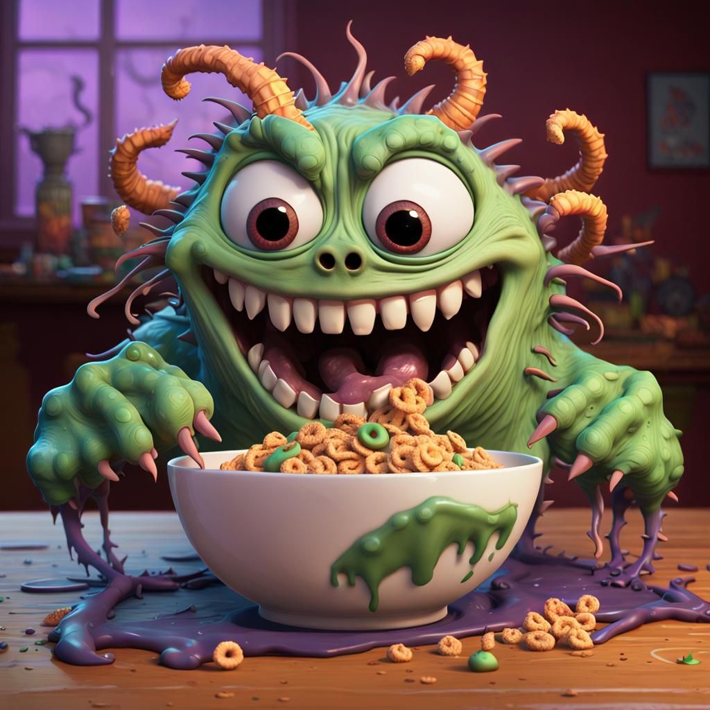 Monster Slurps Cereal: Pixar-Style 3D Digital Art