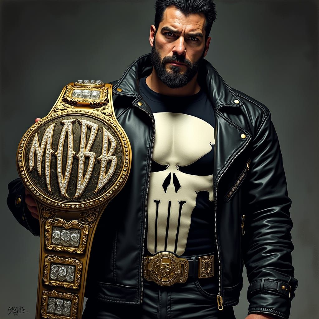 Punisher with Championship Belt in Comic Book Style