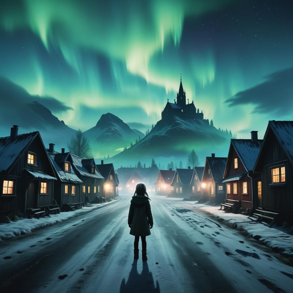 Nordic Village Silhouette with Aurora Borealis