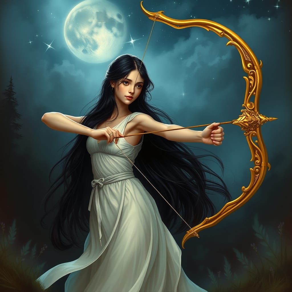 Ethereal Archer: Girl with Golden Bow in Misty Night