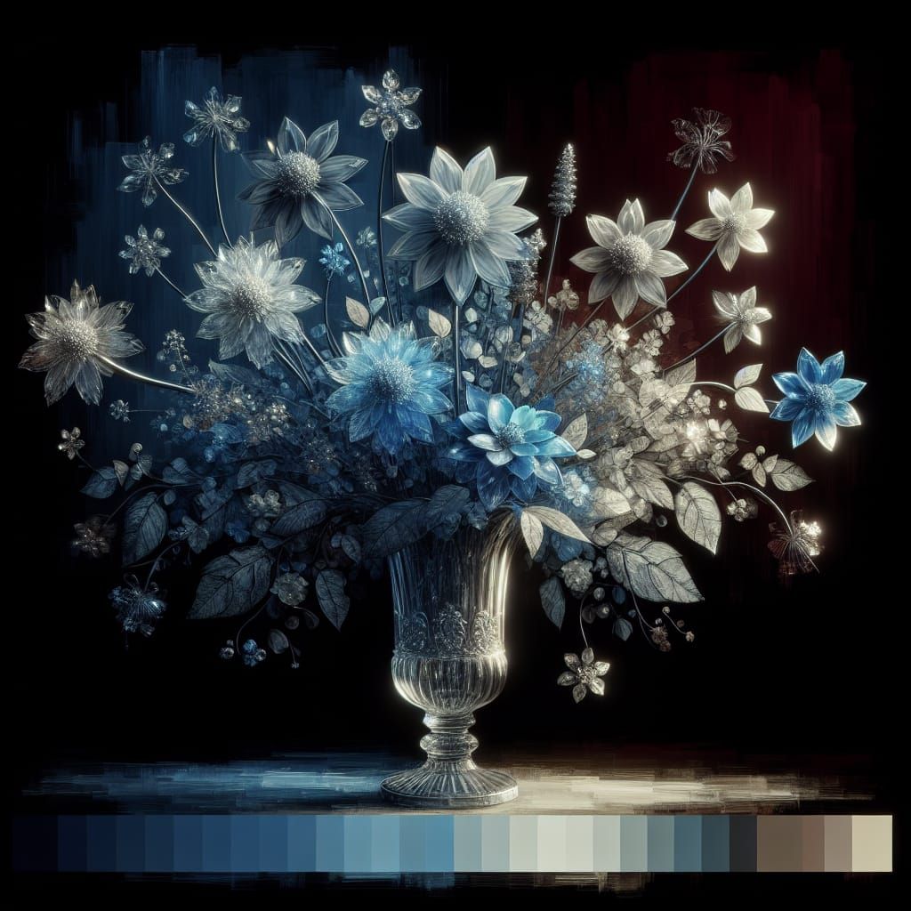 Glass Flowers in Etched Vase, Matte Color Fantasy Art
