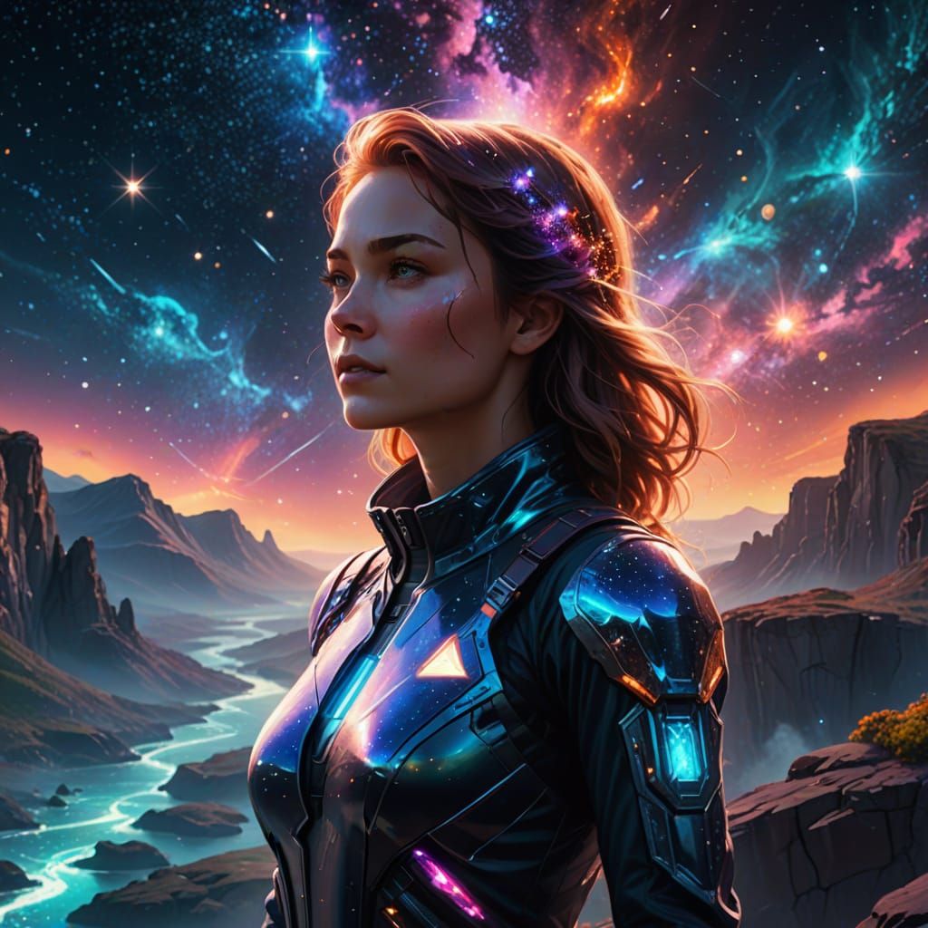 Woman on Cliff Surrounded by Stardust in Space