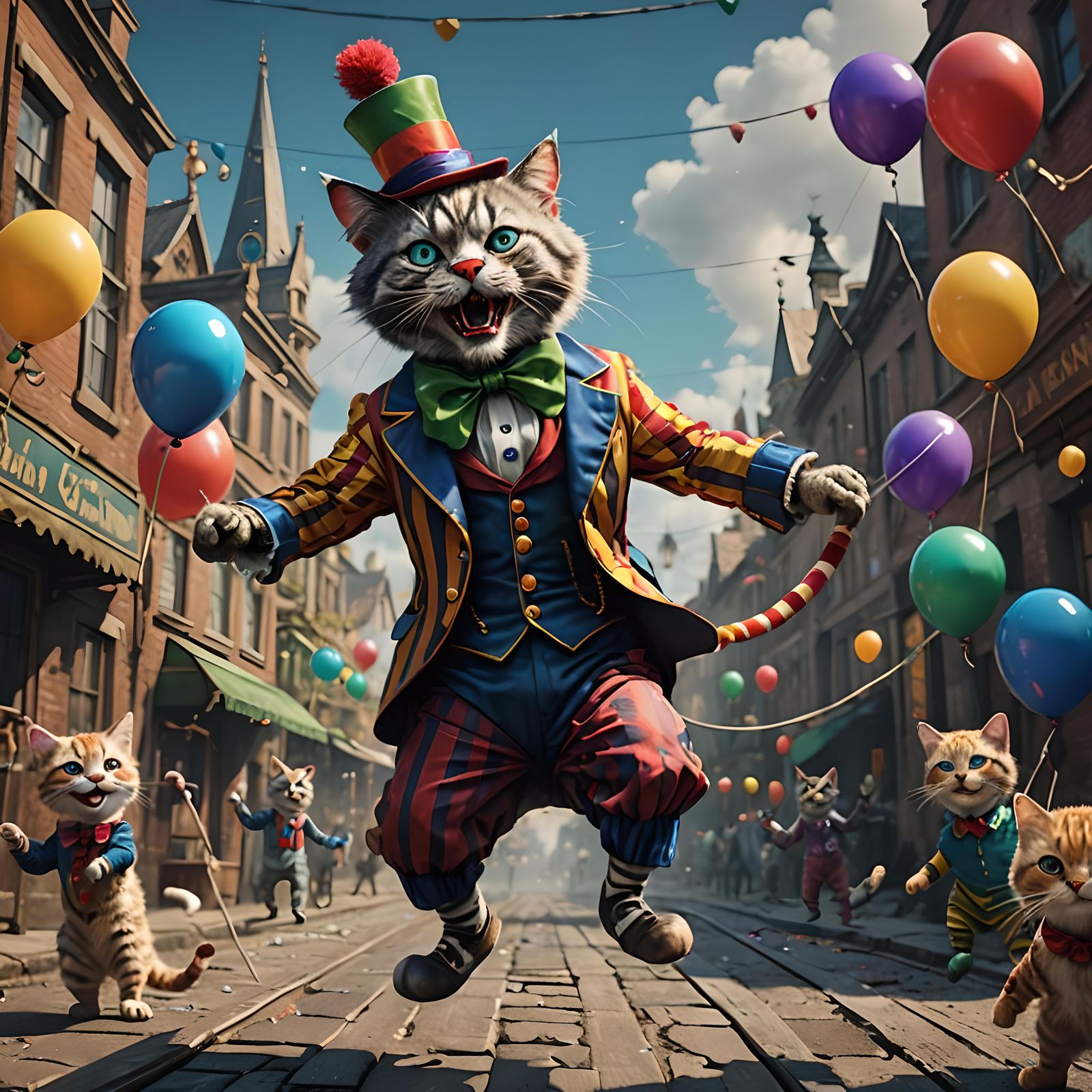 Anthropomorphic Cat Clown on Tightrope, Detailed Painting