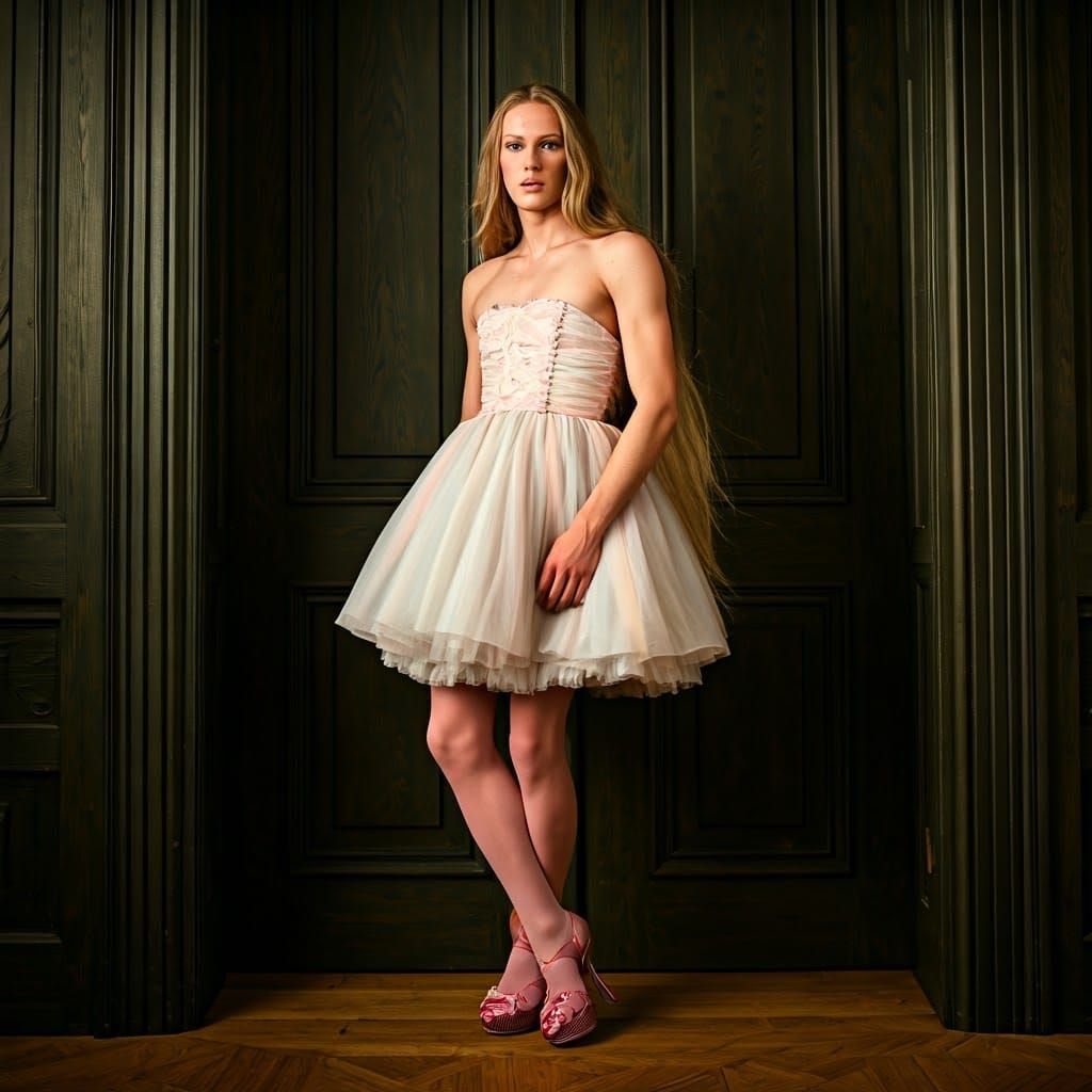 Elegant Young Man Crossdressing in Pastel Dress