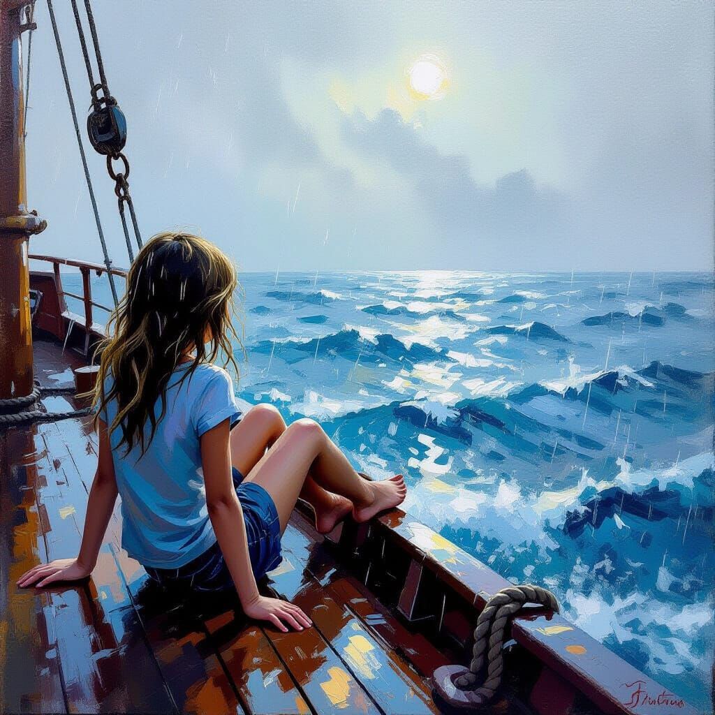 Girl Gazes at Ocean on Rainy Ship Deck