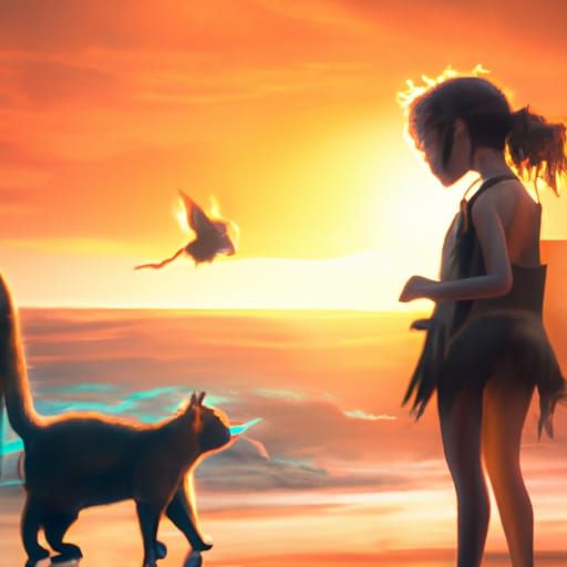 Girl, Cat, and Sunset: Detailed Matte Painting