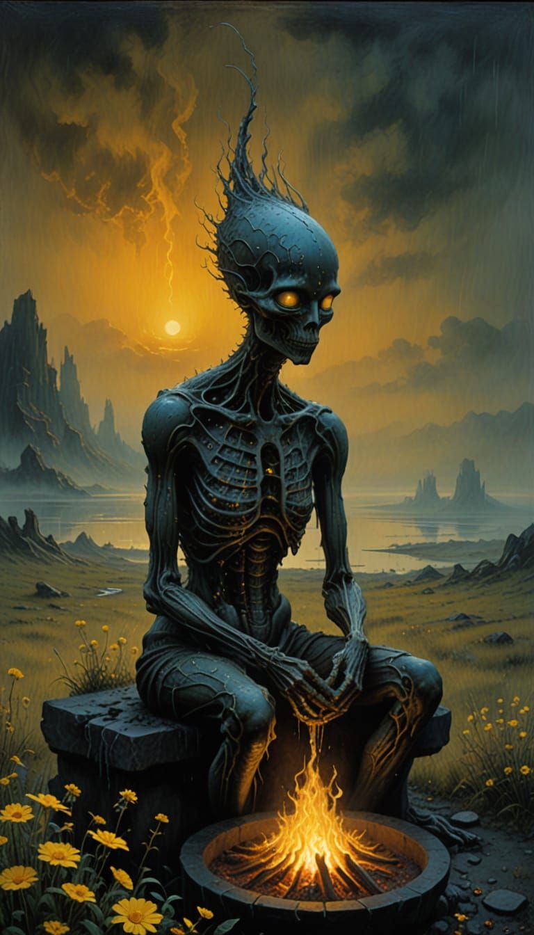 Surreal Creature With Raindrop Head on Firepit