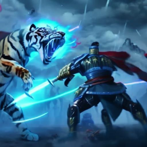 Epic Battle: Warlord vs Robotic Tiger in Lightning Storm