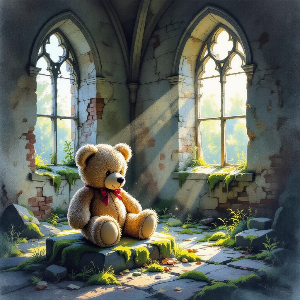Weathered Teddy Bear in Ruined Chapel Twilight