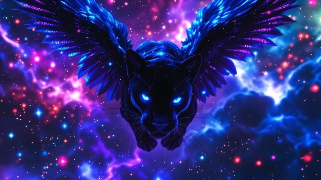 Winged Black Panther Soaring Through Astral Space