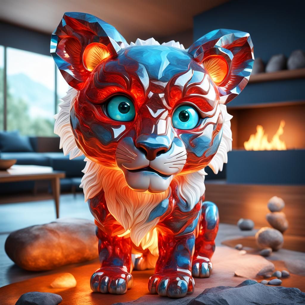 Blue Jade Lion Cub in Living Room, CGI Art