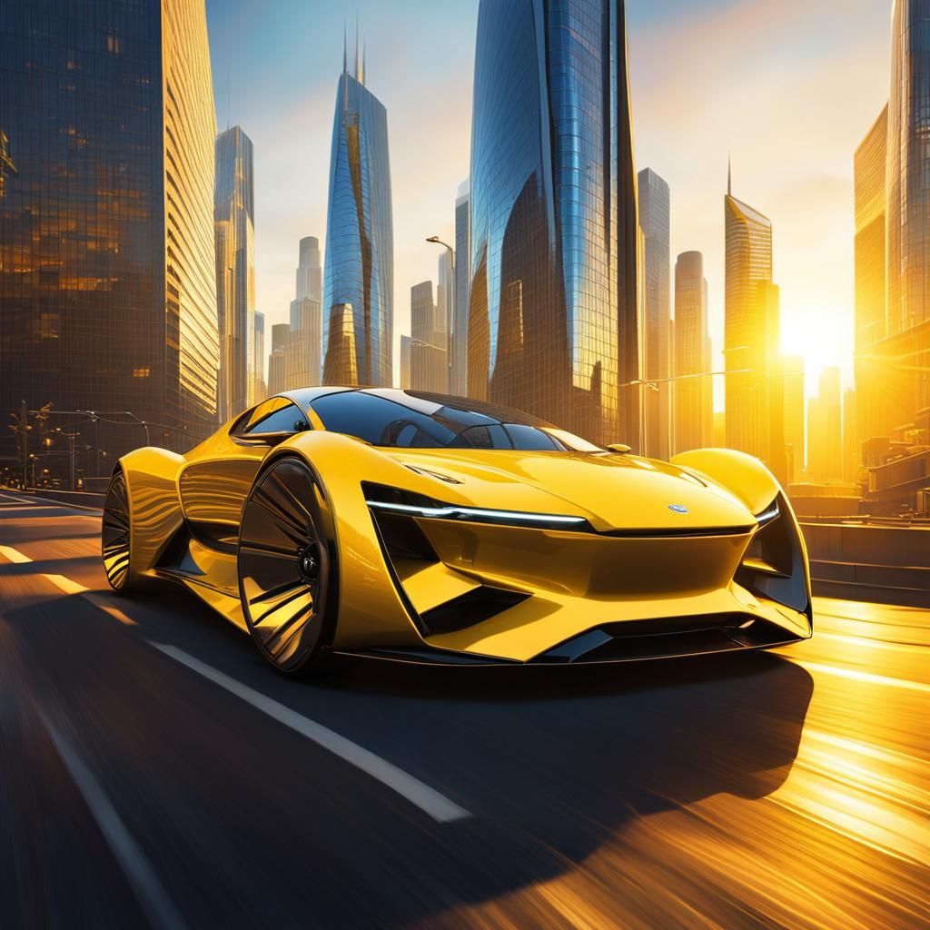 Futuristic Yellow Car Races Through Cityscape at Sunset