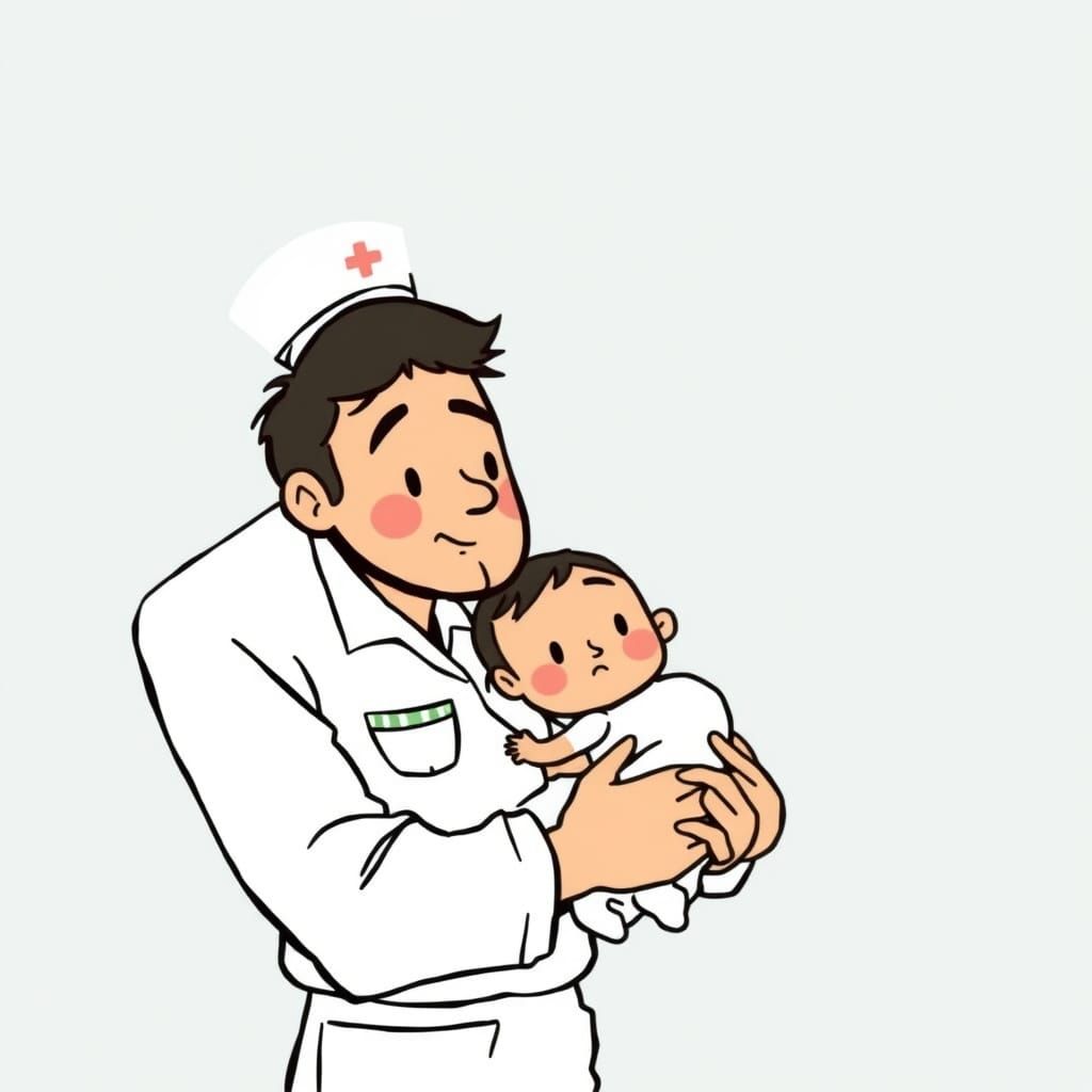 Minimalist Cartoon of Nurse Holding Sick Child