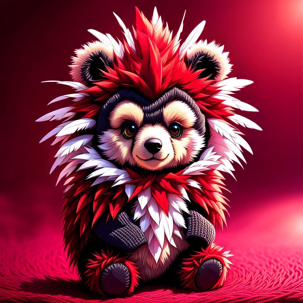 Cute Knitted Teddy Bear with Feather Mohawk